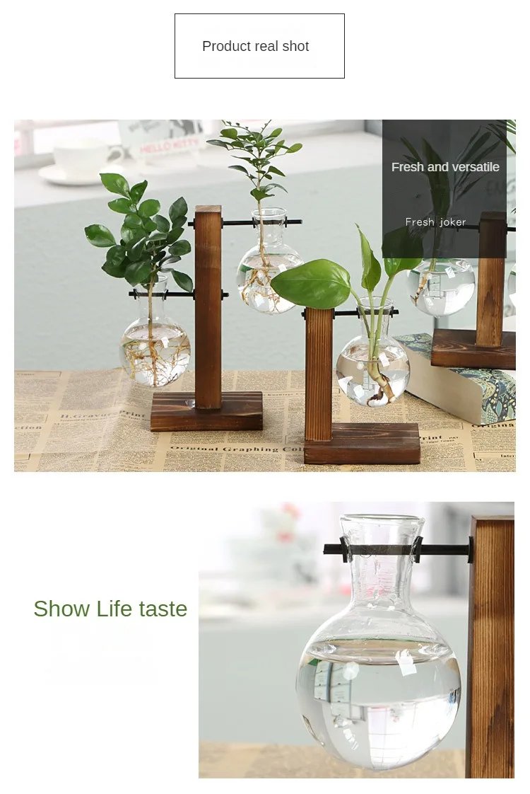 1Pc Terrarium Hydroponic Plant Vases Vintage Flower Pot Transparent Vase Wooden Frame Glass Tabletop Plants Home Bonsai Decor