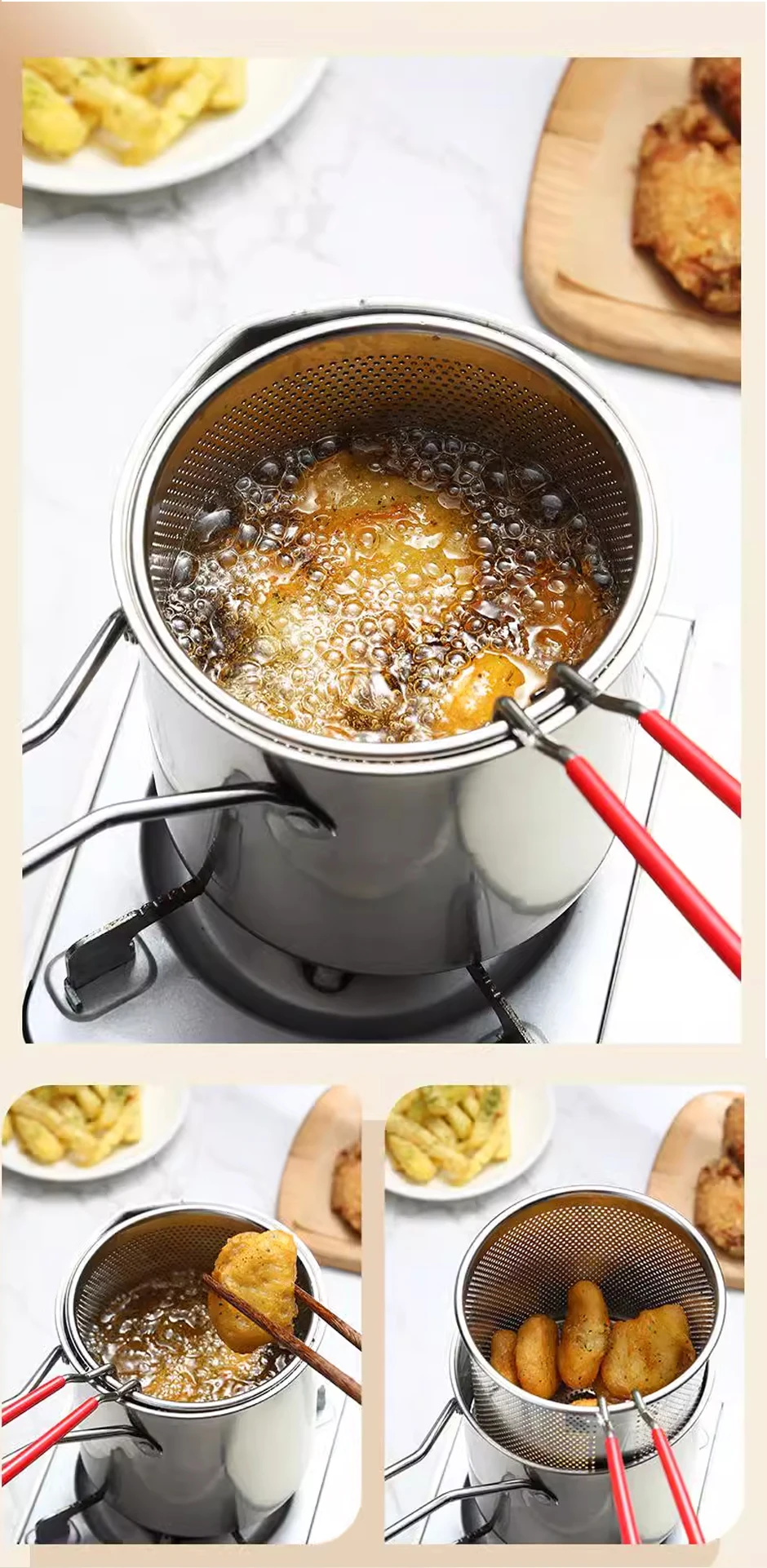 Kitchen Deep Frying Pot 304 Stainless Steel Kitchen Fryer With Strainer Tempura Fryer Pan Chicken Fried Chicken Cooking Tools