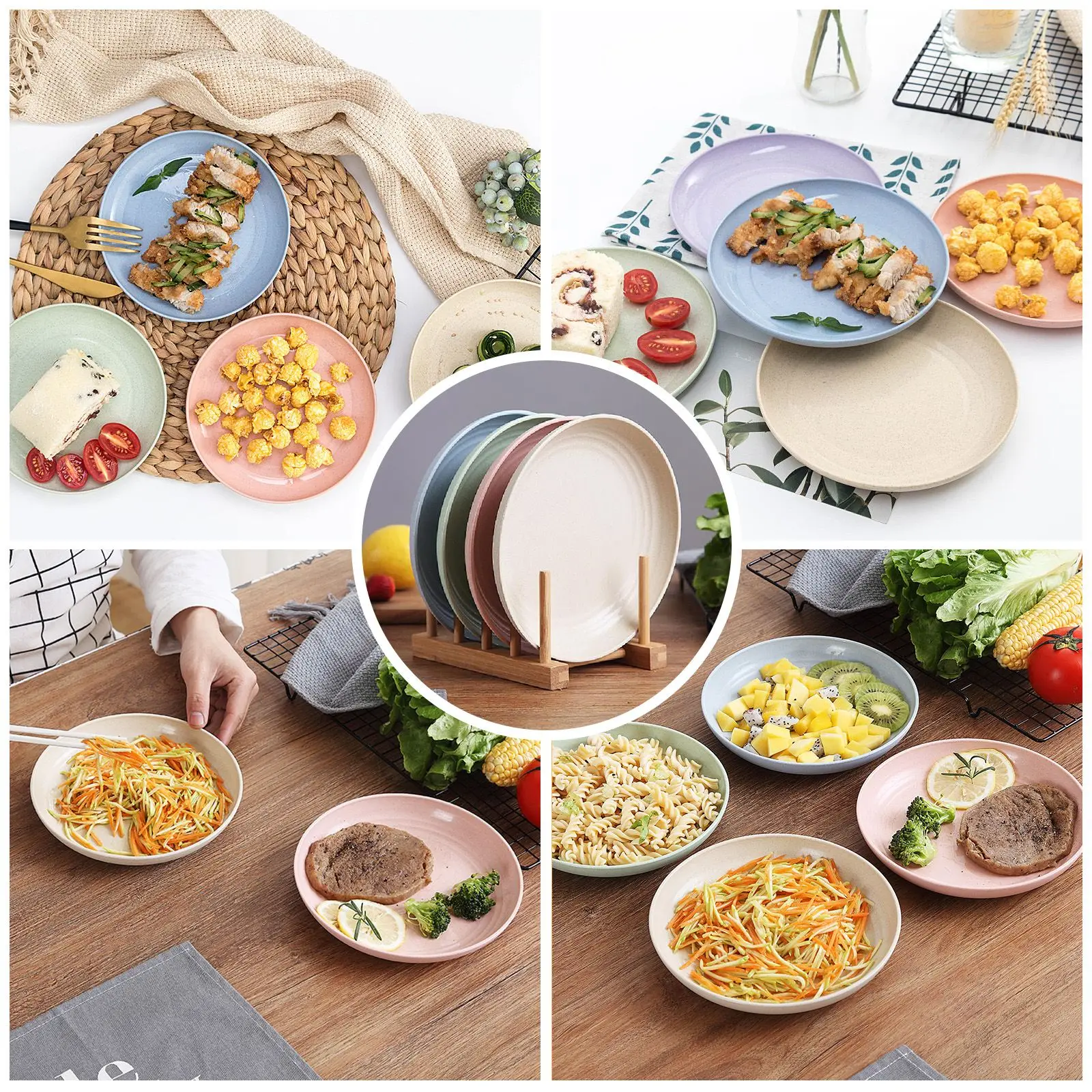 5pcs Wheat Straw Plates Reusable Baby Feeding Dishes Salad Snack Fruit Plate Picnic Dishes Unbreakable Kitchen Dinnerware