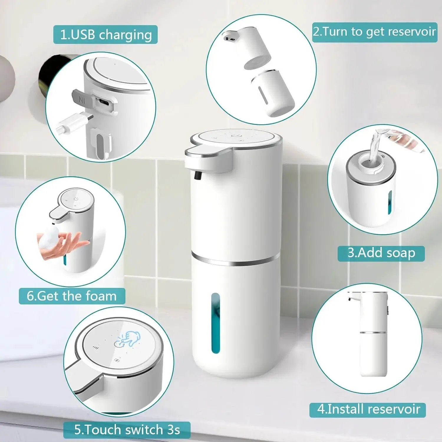 Automatic Soap Dispenser Touchless Foaming Soap Dispenser 380ml USB Rechargeable Electric 4 Level Adjustable Foam Soap Dispenser