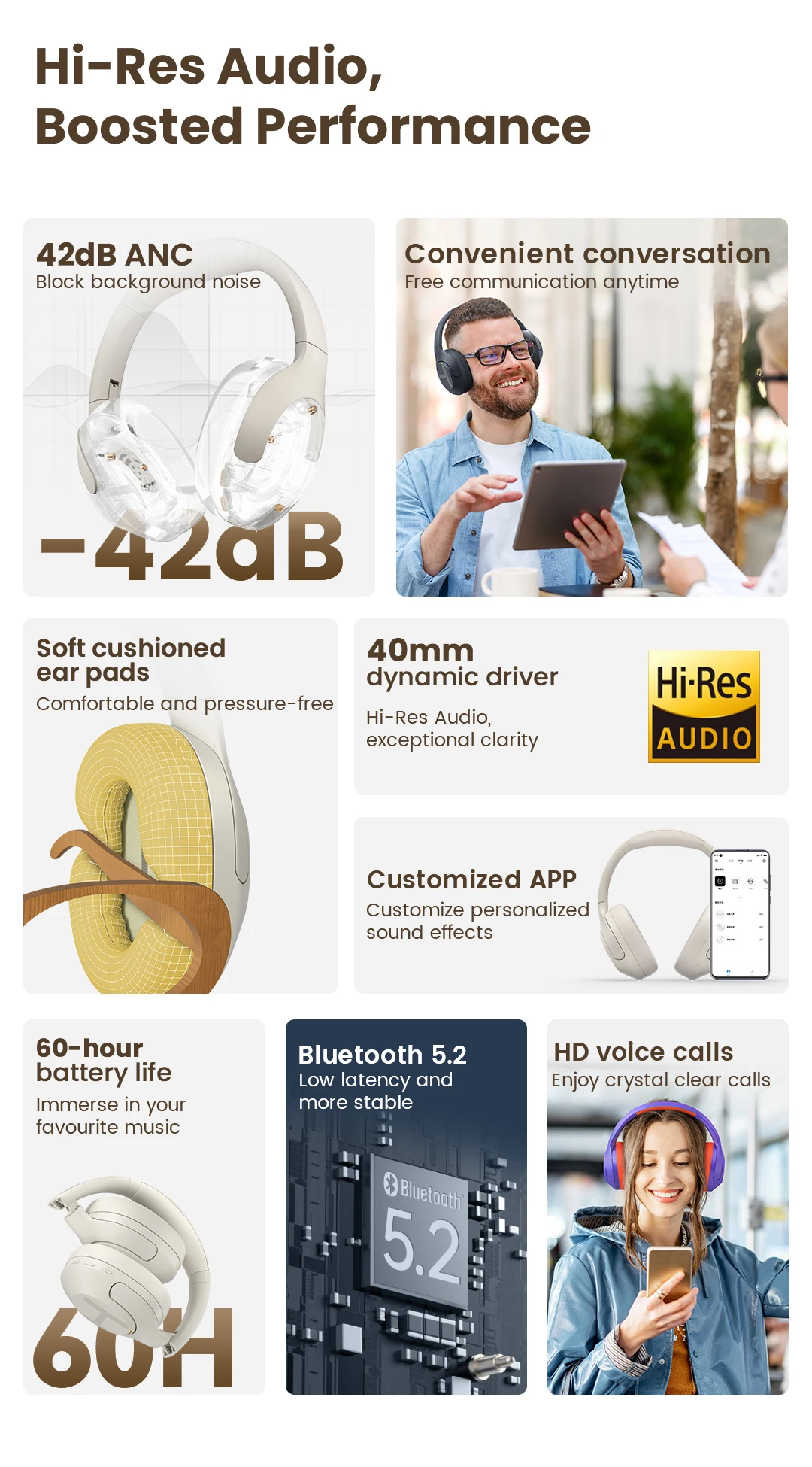 HAYLOU S35 ANC Wireless Bluetooth 5.2 Headphones 42dB Over-ear Noise Cancellation Headsets 40mm Driver 60H Playtime Earphones