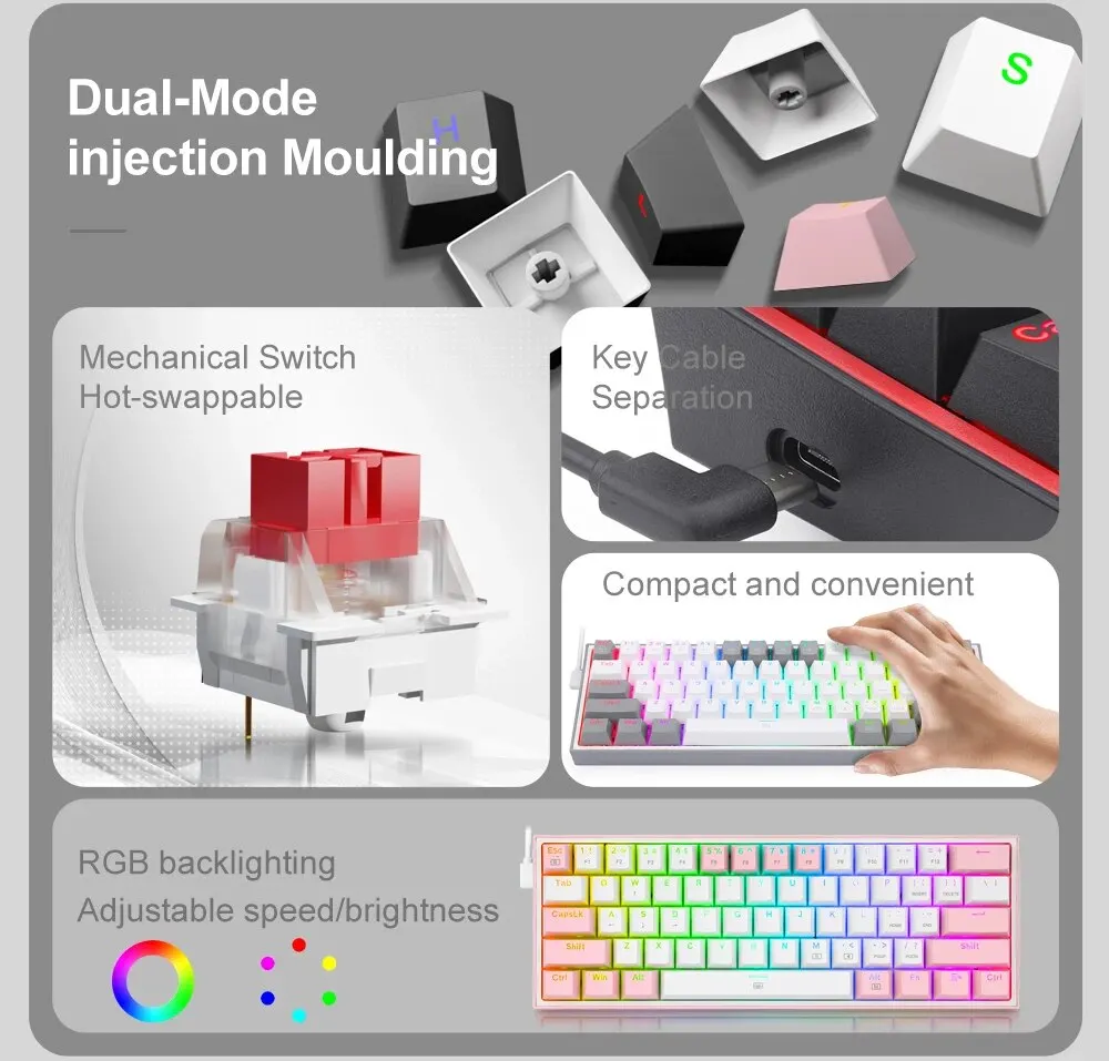 REDRAGON Fizz K617 RGB USB Mini Mechanical Gaming Wired Keyboard Red Switch 61 Key Gamer for Computer PC Laptop Detachable Cable