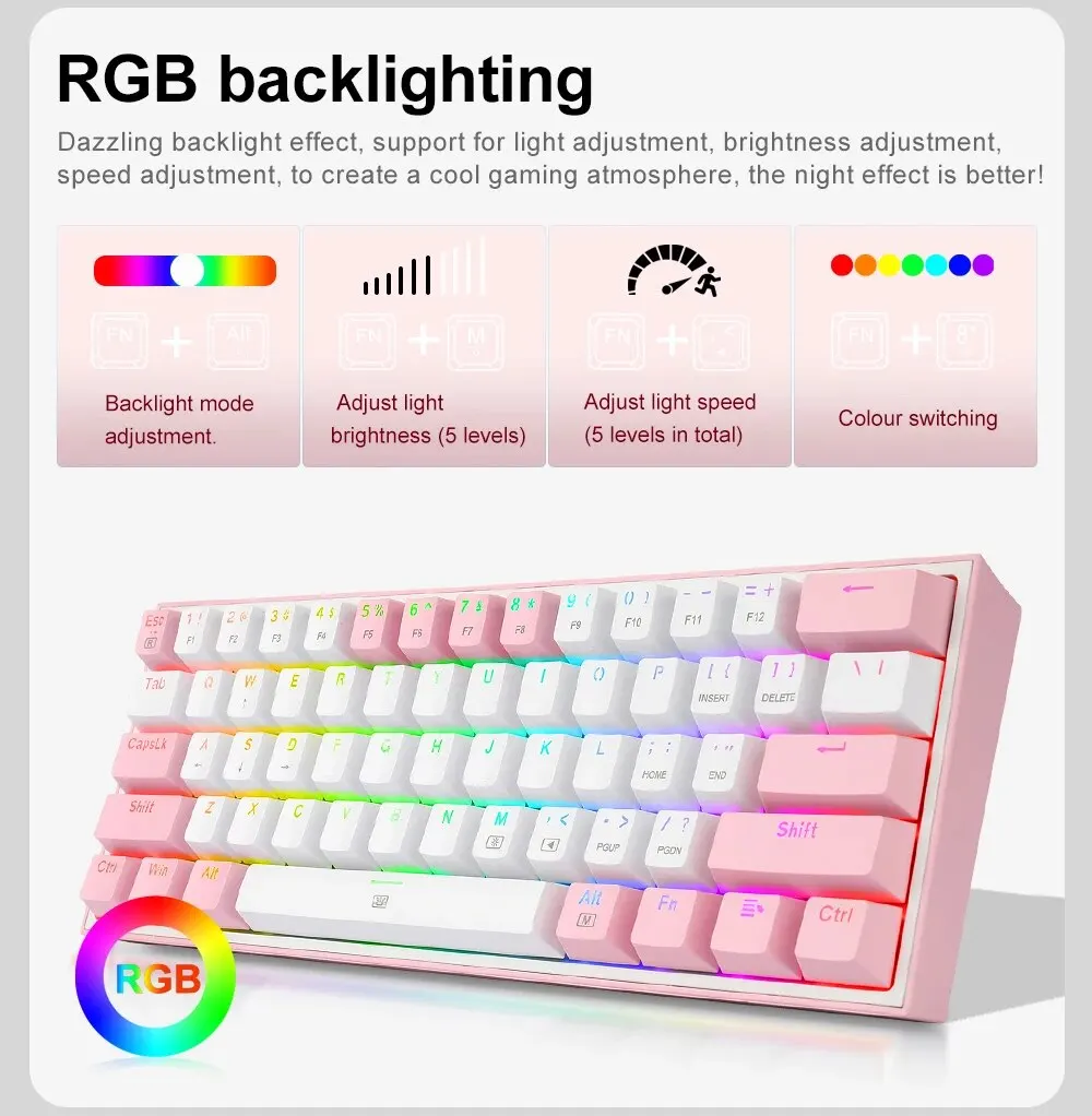 REDRAGON Fizz K617 RGB USB Mini Mechanical Gaming Wired Keyboard Red Switch 61 Key Gamer for Computer PC Laptop Detachable Cable