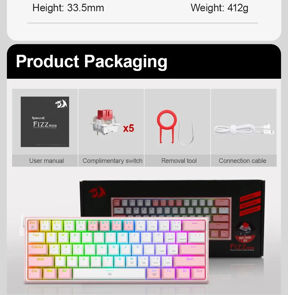 REDRAGON Fizz K617 RGB USB Mini Mechanical Gaming Wired Keyboard Red Switch 61 Key Gamer for Computer PC Laptop Detachable Cable