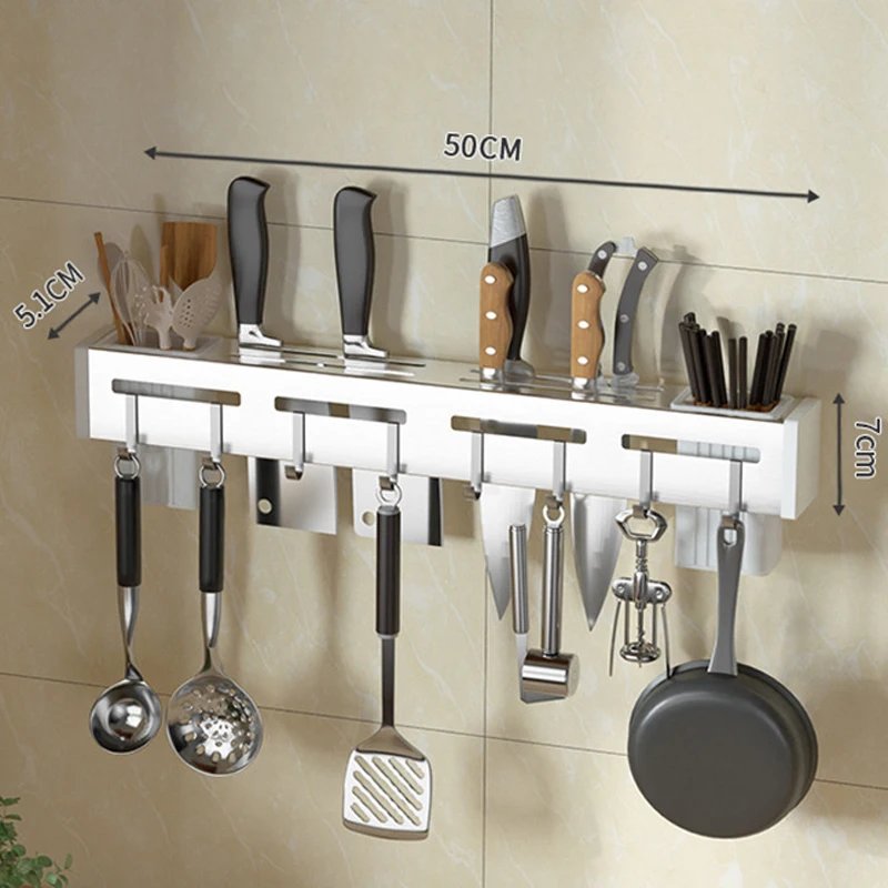 Wall Mounted Knife Holder Stainless Steel Shelf Kitchen Nail-Free Storage Rack Cutlery with Hook Kitchen Cabinet Organizer