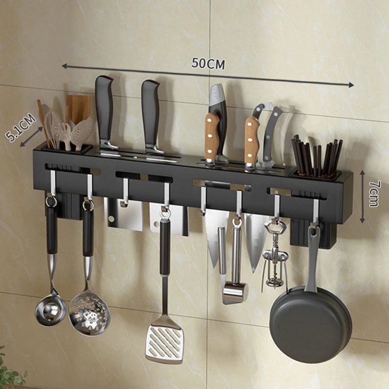 Wall Mounted Knife Holder Stainless Steel Shelf Kitchen Nail-Free Storage Rack Cutlery with Hook Kitchen Cabinet Organizer