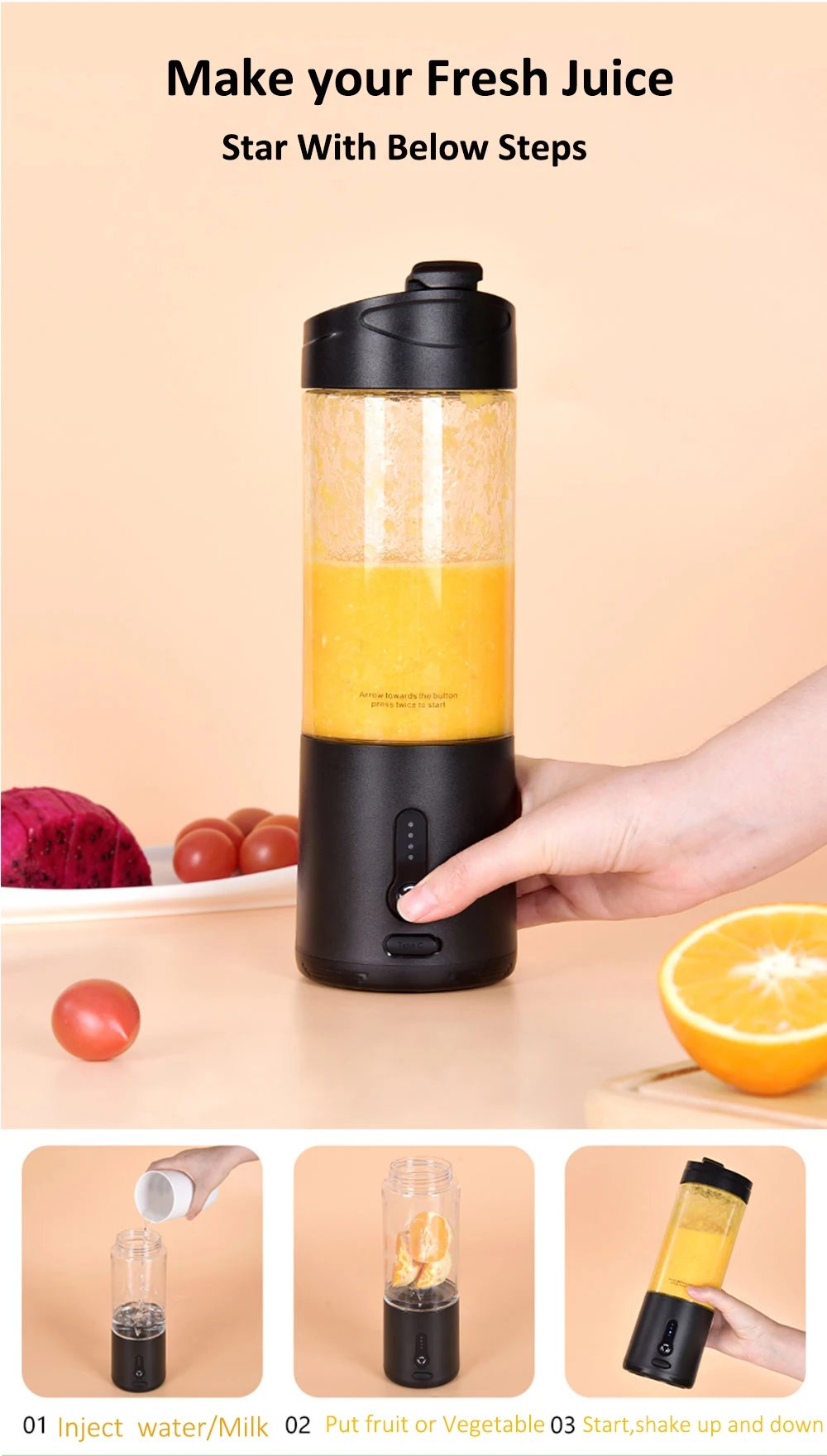 Mini Portable Blender Electric Fruit Juicer Smoothie Orange Fresh Juice Blender Multifunction Rechargeable Portable Bottle Mixer