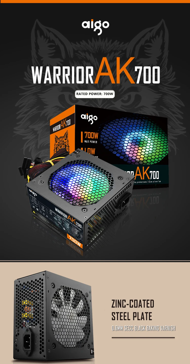 Aigo AK 700W PC PSU Power Supply Unit Black Gaming Quiet 120mm RGB Fan 24pin 12V ATX Desktop Computer Power Supply for BTC