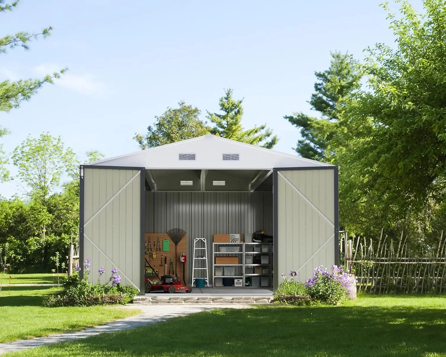 Outdoor storage shed 10 x 10 feet,steel utility tool shed storage room with door and lock, used for backyard garden terrace lawn