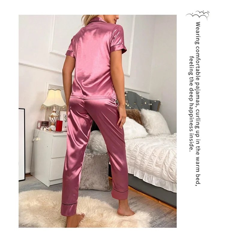 Women's Pajama Pocket Heart Embroidered Pajama Set Satin Comfortable Short Sleeve Button Pajama Lounge Pant For Women Sleepwear