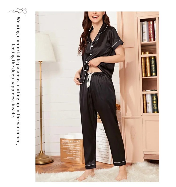 Women's Pajama Pocket Heart Embroidered Pajama Set Satin Comfortable Short Sleeve Button Pajama Lounge Pant For Women Sleepwear