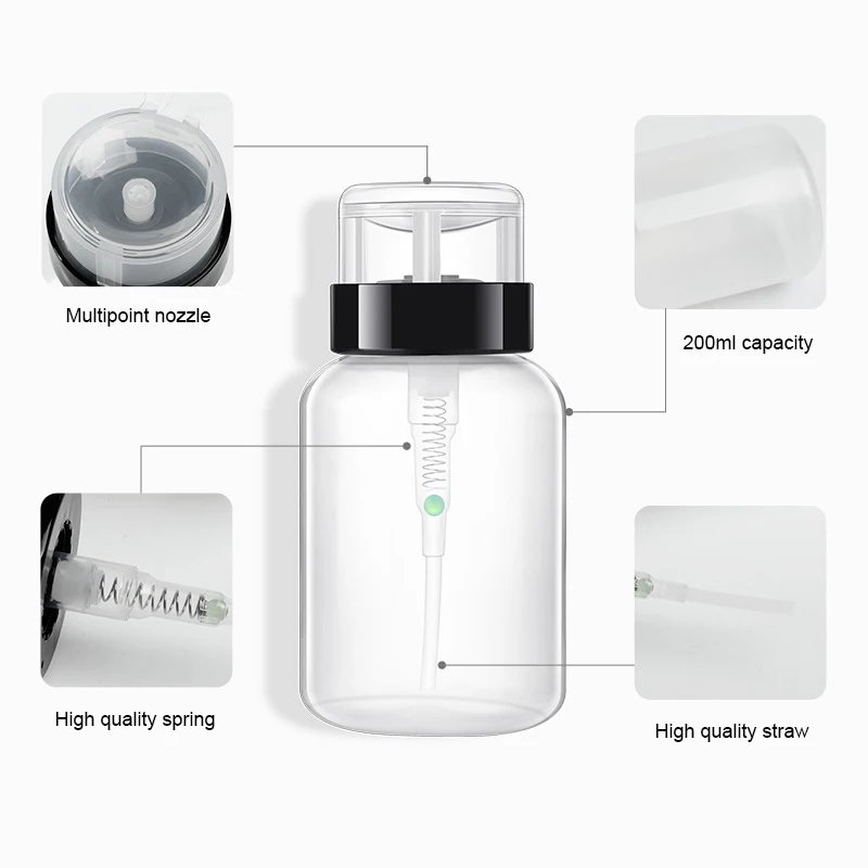 200ML Empty Pump Liquid Alcohol Press Nail Polish Remover Cleaner Bottle Nail Refillable Bottle Dispenser Manicure Container