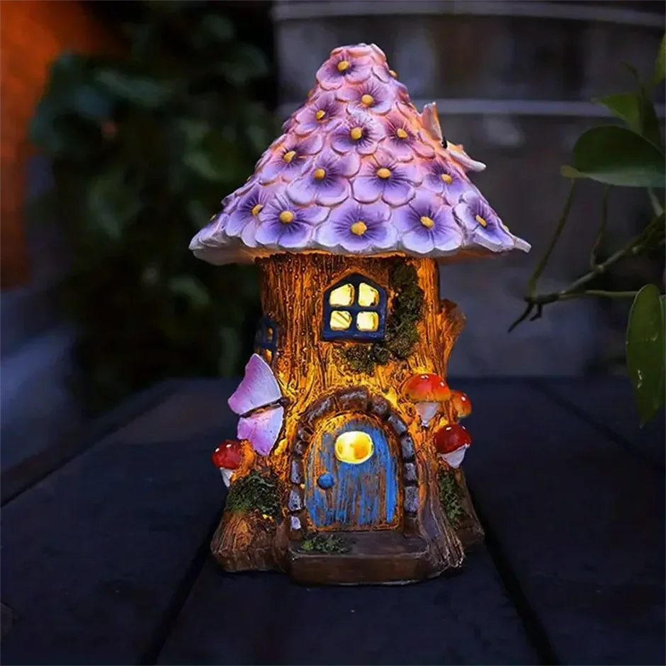 Fairy Garden House Solar Outdoor Statue, Light Up Mushroom Figurines Lawn Decorations for Yard, Fairies for Miniature House