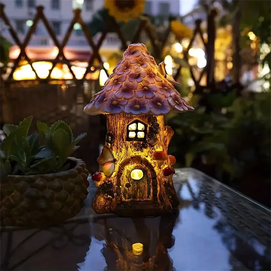 Fairy Garden House Solar Outdoor Statue, Light Up Mushroom Figurines Lawn Decorations for Yard, Fairies for Miniature House