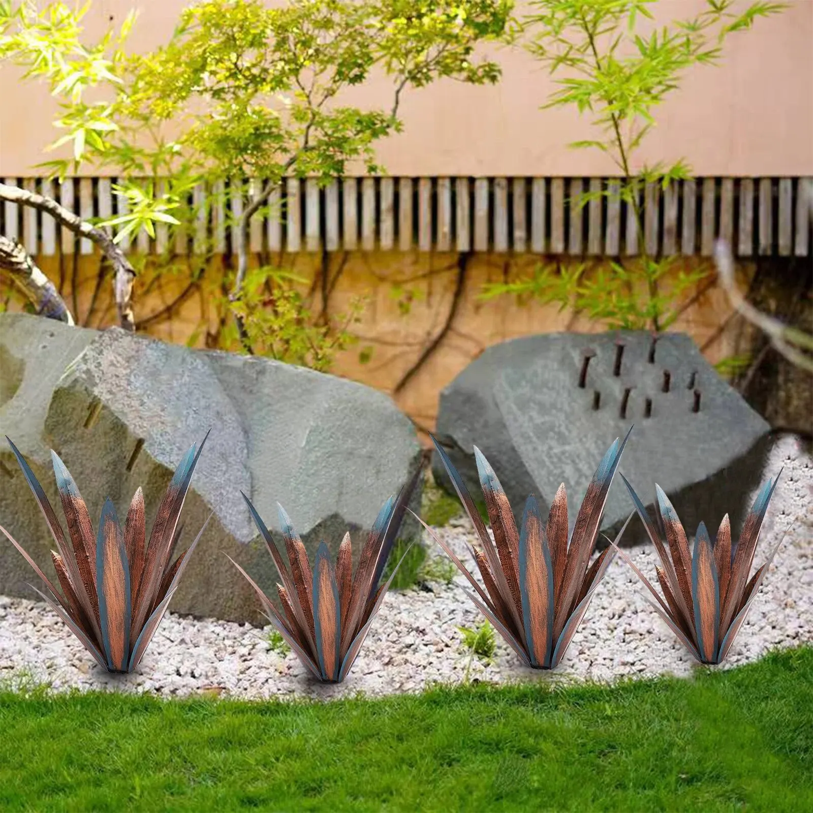 2 PCS Metal Agave Sculpture Decoration, Vintage Country Hand-Painted Sculpture DIY Metal Agave Plant, Home Garden Courtyard Lawn