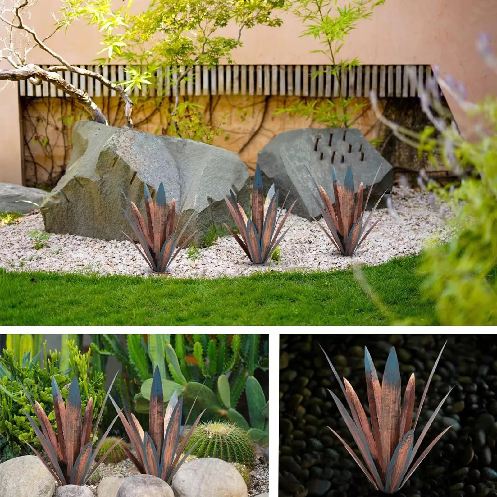 2 PCS Metal Agave Sculpture Decoration, Vintage Country Hand-Painted Sculpture DIY Metal Agave Plant, Home Garden Courtyard Lawn