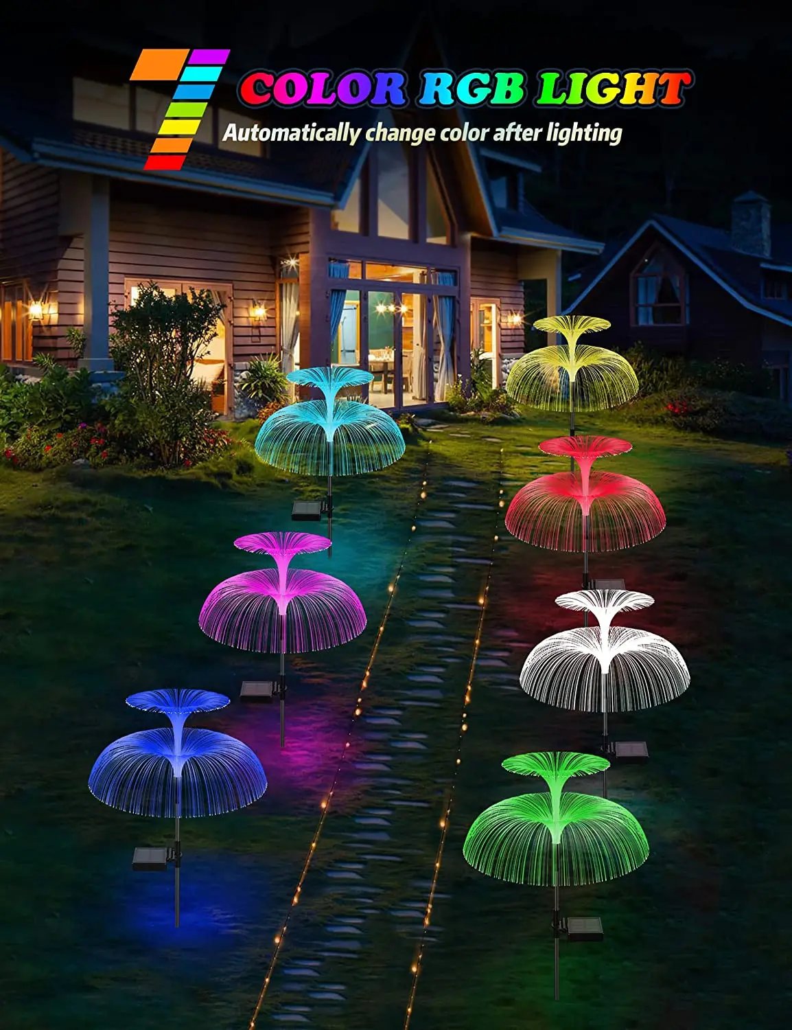 Double Solar Jellyfish Light 7 Colors Solar Garden Lights LED Fiber Optic Lights Outdoor Waterproof Decor Lamp for Lawn Patio