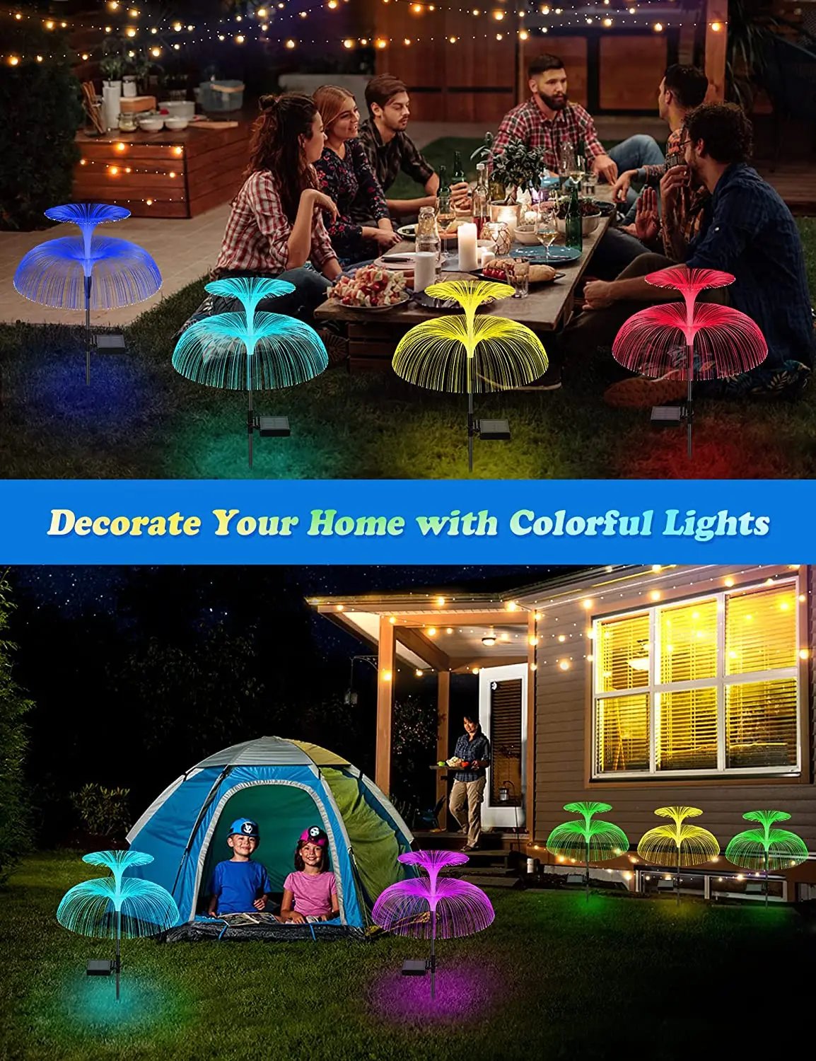 Double Solar Jellyfish Light 7 Colors Solar Garden Lights LED Fiber Optic Lights Outdoor Waterproof Decor Lamp for Lawn Patio