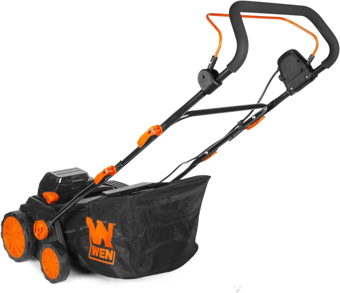 WEN 20V Max Cordless Brushless Electric Dethatcher and Scarifier, 15-Inch 2-in-1 with Collection Bag (20716) lawn mower garden